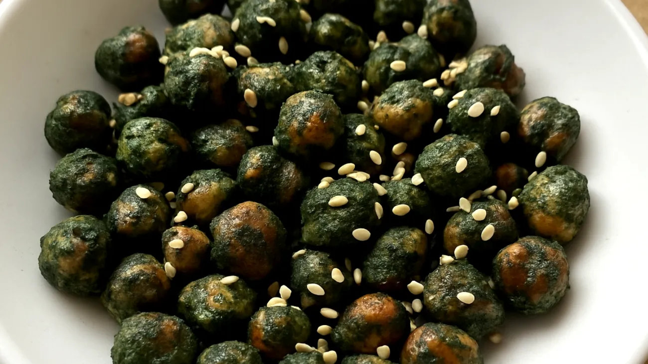 Geröstete Kichererbsen mit Spirulina und Sesam"