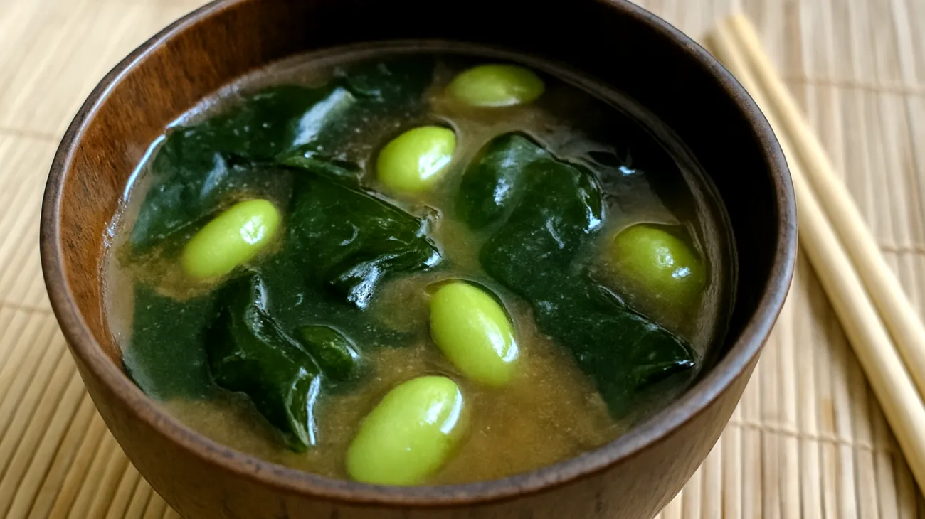 Miso-Suppe mit Wakame-Algen und Edamame"